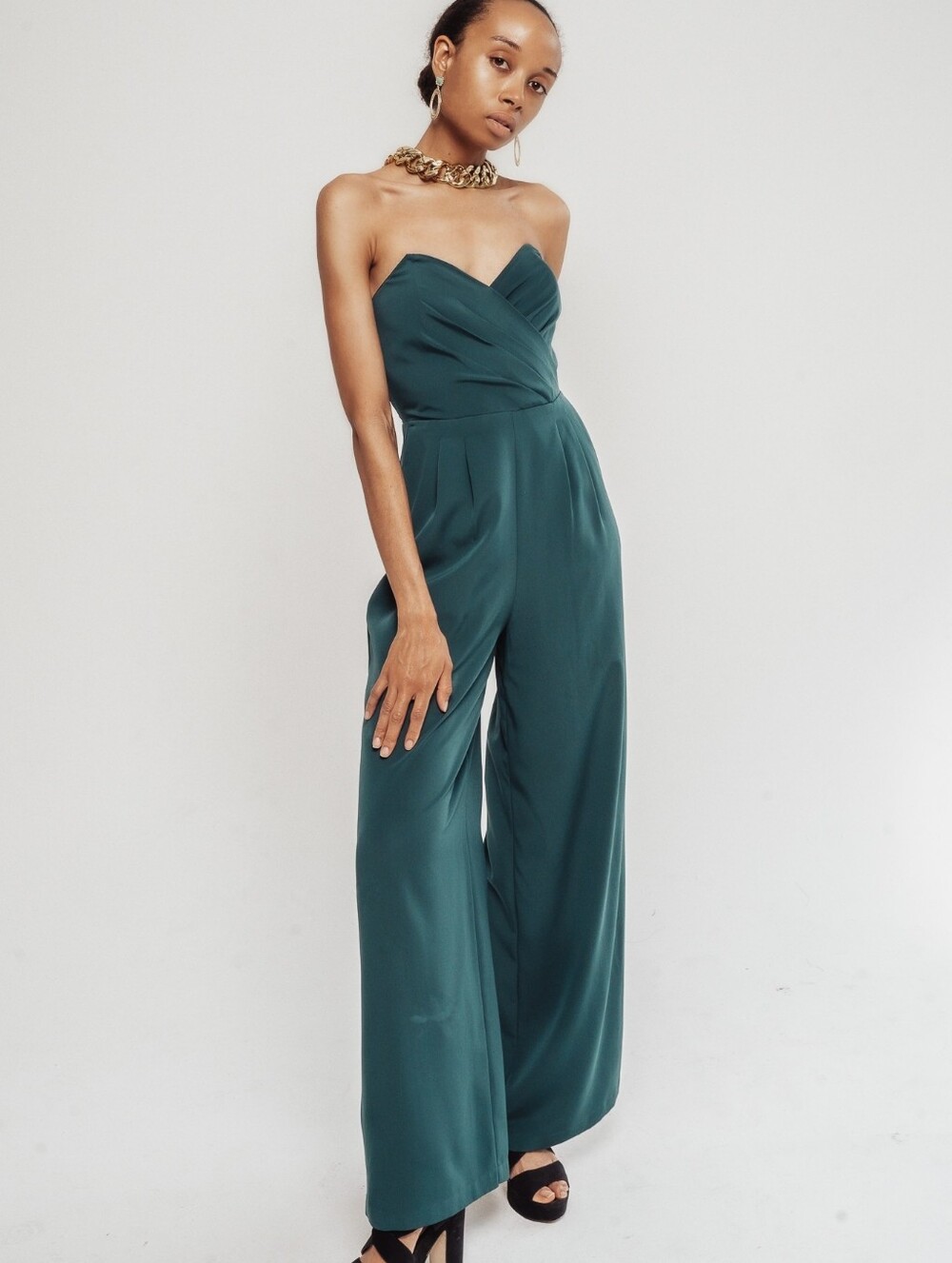 💚 Express Emerald Green Strapless Wide Leg Jumpsuit Size 2